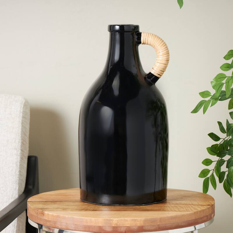 Ceramic Jug Inspired Vase with Rattan Wrapped Handle - White or Black