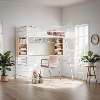 Twin Size Loft Bed with Desk and Shelf , Loft Bed with Ladder, White