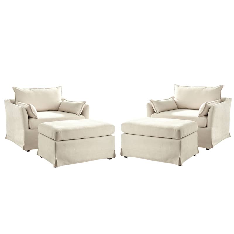Sophie Modern Oversized Slipcovered Armchair with Ottoman and Lockable Rear Wheels Set of 2 by HULALA HOME