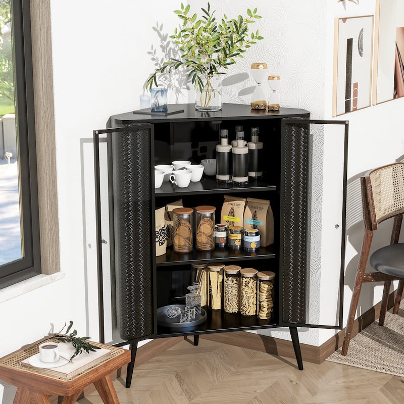 Modern 3-Tier Corner Storage Cabinet with Tempered Glass Doors, Shelves & Metal Frame - Freestanding Space-Saving Organizer