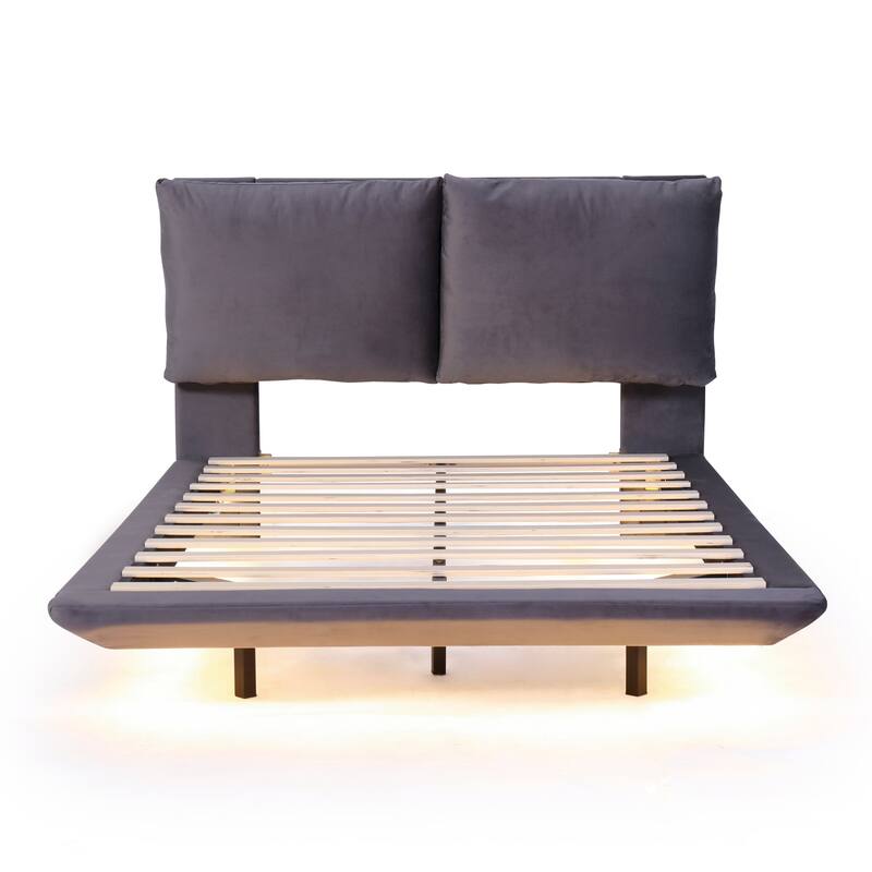 Full Velvet Upholstered Platform Bed with Motion Sensor Light, 2 Large Backrests, USB Ports, and Floating Design