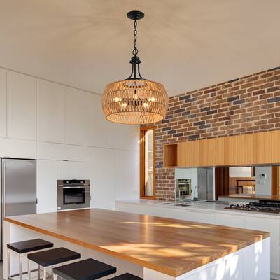 19 Boho Hemp Rope Pendant Light, Hand-Woven Jute Hanging Lamp, Natural Rope Shade Ceiling for Kitchen Island, Dining Room