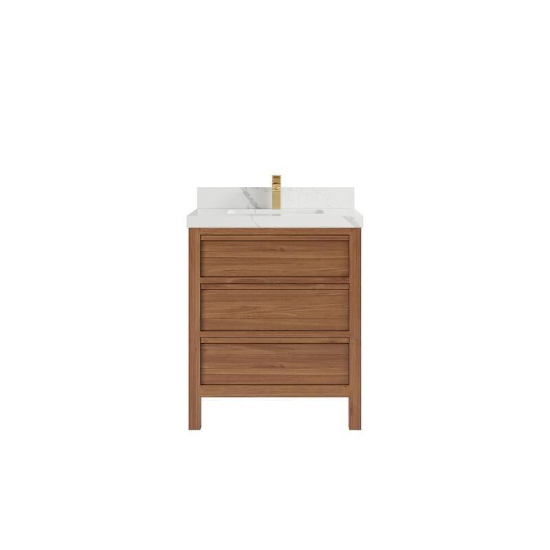 Willow Collections 30 in. W x 22 in. D Elizabeth Solid Teak Wodd Single Sink Bathroom Vanity with Countertop - 2”Calacatta Laza - Dark Natural