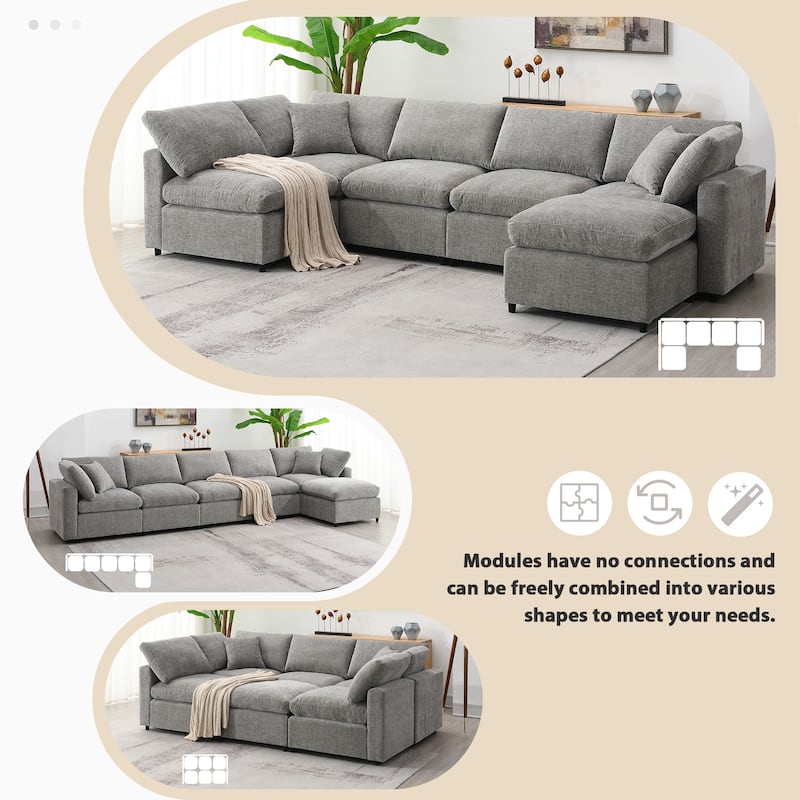 Grey 130'' U-Shaped 6-Seat Modular Sectional Sofa with Ottoman and Customizable Convertible Layout