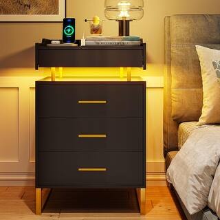 3 Drawers  LED Nightstand Charging Station End Table
