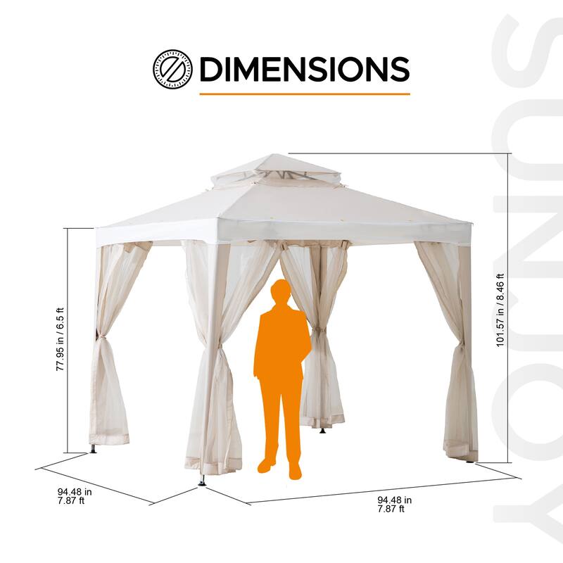 Sunjoy 8 x 8 Outdoor Patio Gazebo Outdoor Backyard Modern 2 Tier Steel Frame Soft Top Gazebo with Mesh Netting Grey Khaki