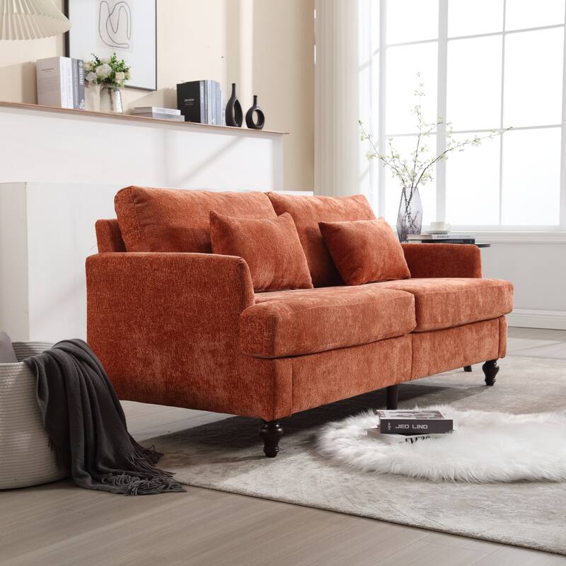 Orange Modern Chenille 68.9'' 2-Seater Sofa: Detachable Cushions, Solid Wood Frame, and Brown Wooden Legs