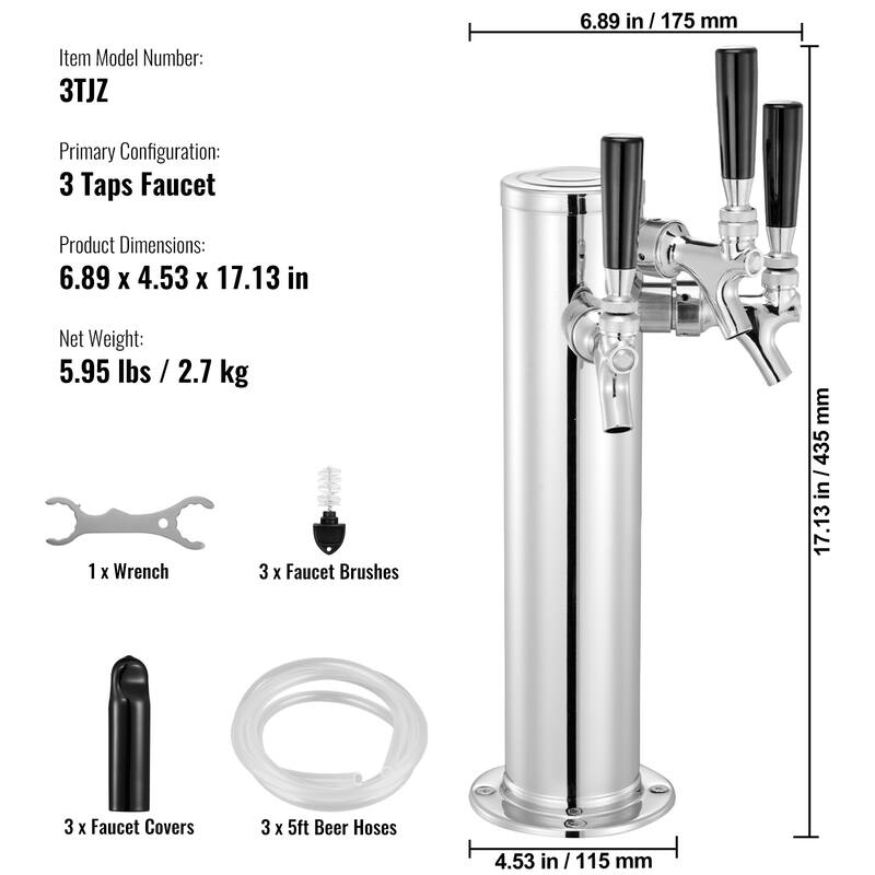 Draft Beer Tower Dispenser, Stainless Steel Keg Beer Tower, Kegerator Tower Kit with Pre-Assembled Tubing