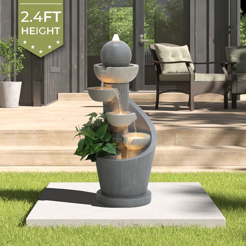 Gray Resin Spiral Sculpture with Bubbler 5-Tier Outdoor Fountain with Lights