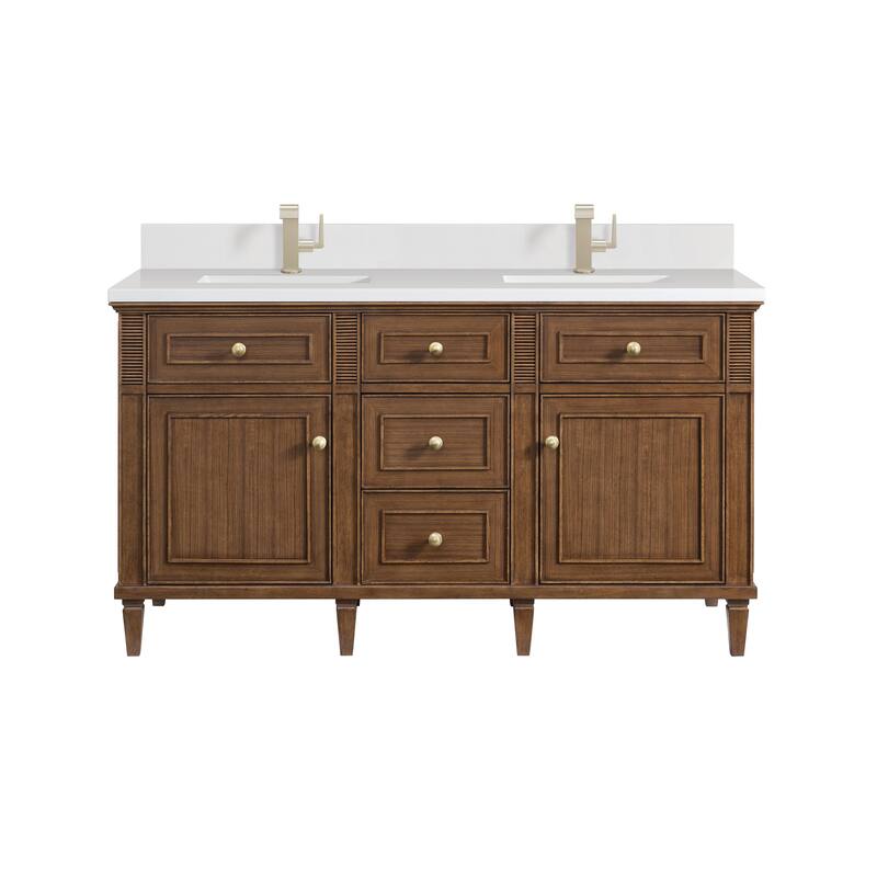 James Martin Vanities Lorelai 60" Double Vanity, Mid-Century Walnut - White Zeus - Single Hole