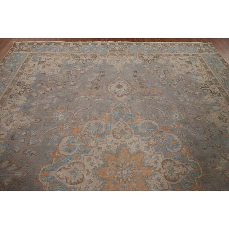 Hand Knotted Oriental 100% Wool Carpet Traditional Floral Greys & Charcoal Tabriz Area Rug - 12' 11'' X 9' 5''