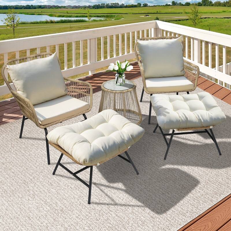 5-Piece Outdoor Boho Patio Furniture Set Wicker Sectional Conversation Set with Ottomans and Coffee Table - 5-piece - Beige