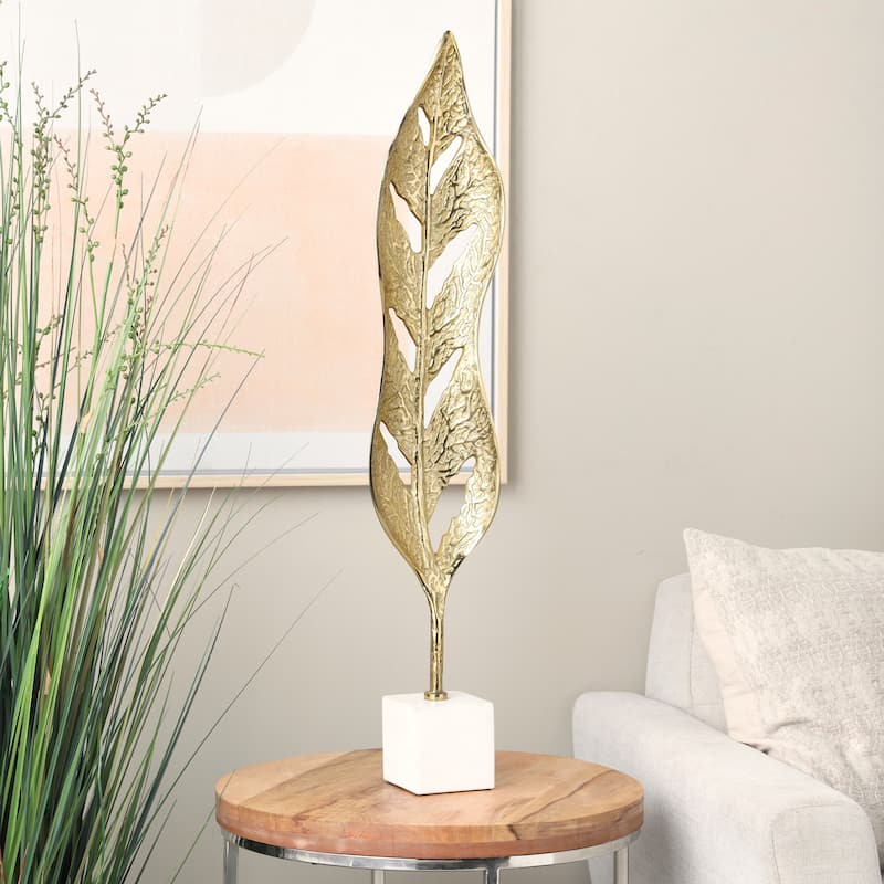 Gold Aluminum Metal Tall Textured Cutout Leaf Sculpture with White Marble Base - Gold - 7" x 4" x 35"