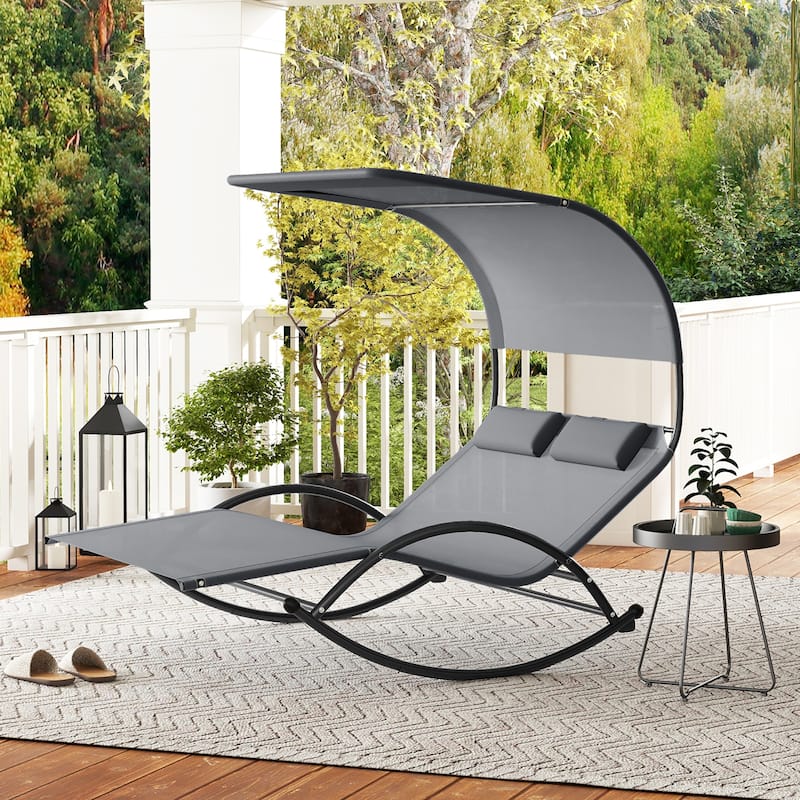 Gymax Outdoor Double Chaise Rocker Rocking Daybed Sun Lounger w/ Sun - Grey