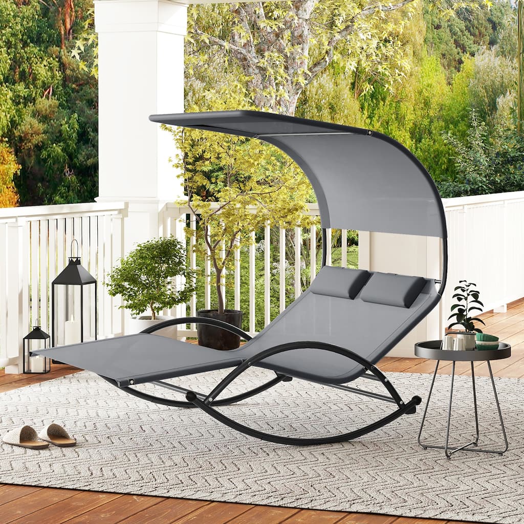 Gymax Outdoor Double Chaise Rocker Rocking Daybed Sun Lounger w/ Sun
