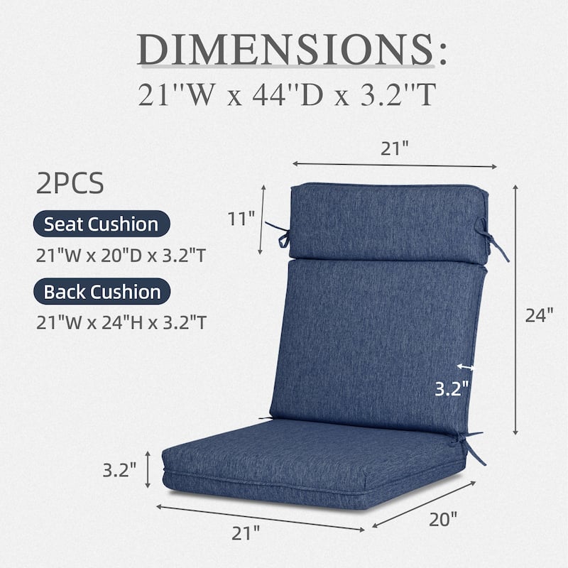 Aoodor Outdoor High Back Dining Chair Cushion Set, 44"x21"x3.2", Set of 2 - 44"x21"x3.2"