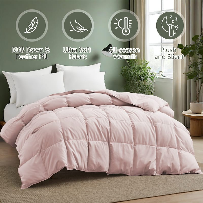 Premium White Feather Down Comforter Duvet Insert All Warmth Levels - Full - Queen - Medium Weight Pink