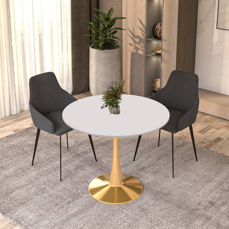 LeisureMod Bristol 35" Round Dining Table for 4 with MDF Tabletop in Gold Steel Base for Kitchen & Dining Room