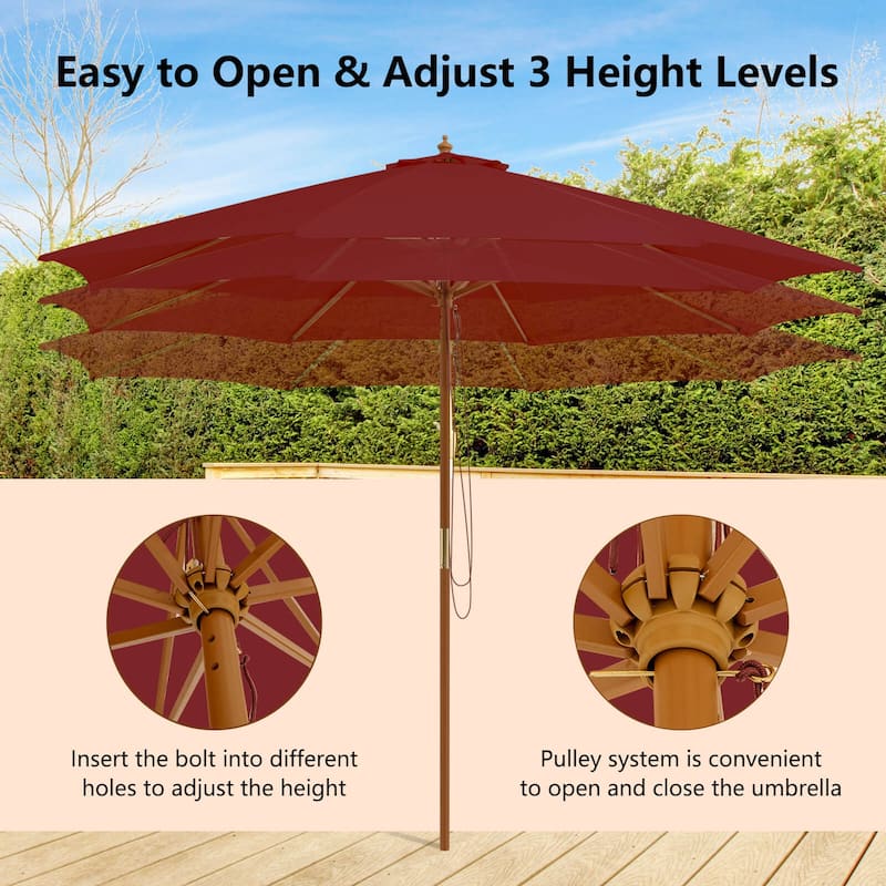 Gymax 10FT Wooden Market Table Umbrella Pulley Sunshade Canopy w/8
