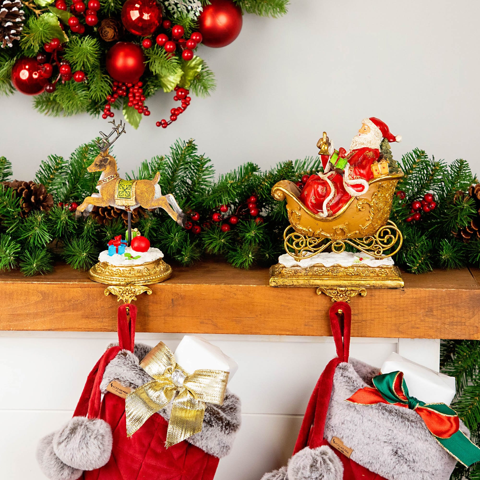 Set of 2 Gold Santa Reindeer Glittered Christmas Stocking Holders 9.5"