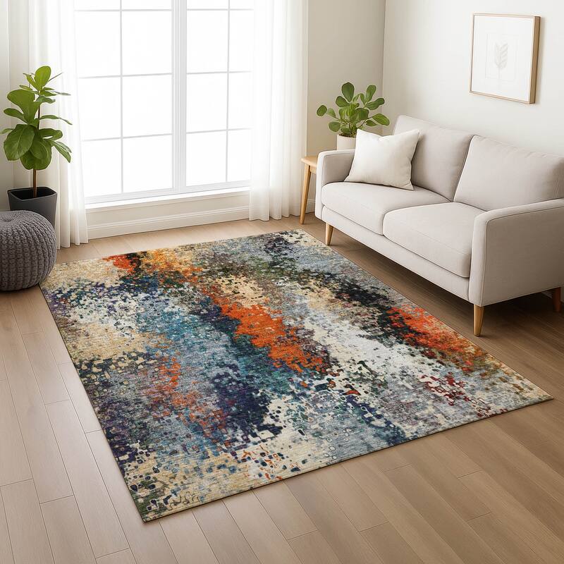 Machine Washable Indoor/ Outdoor Contemporary Abstract Chantille Rug