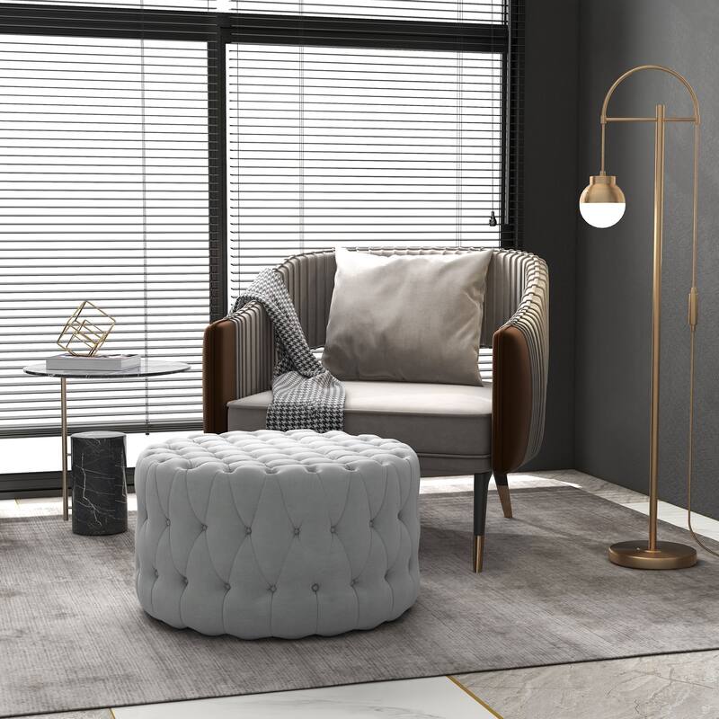Button Tufted Ottoman Foot Stool with Velvet-feel Upholstery, Gray
