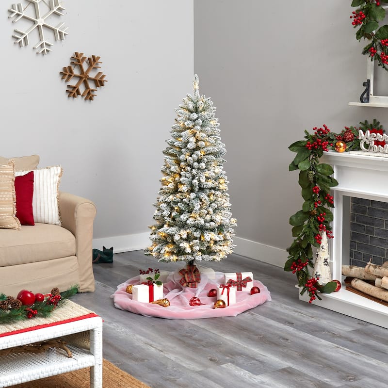 5ft Slim Artificial Christmas Tree with Lights - Winter Fir Tree, Prelit Holiday Decor, Realistic Flocked Tree - White - 60