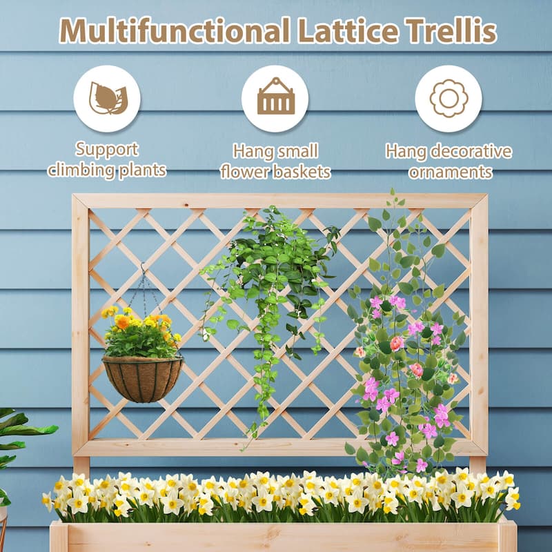 Costway 1/2 PCS 40" Wooden Raised Garden Bed with Lattice Trellis for - Natural