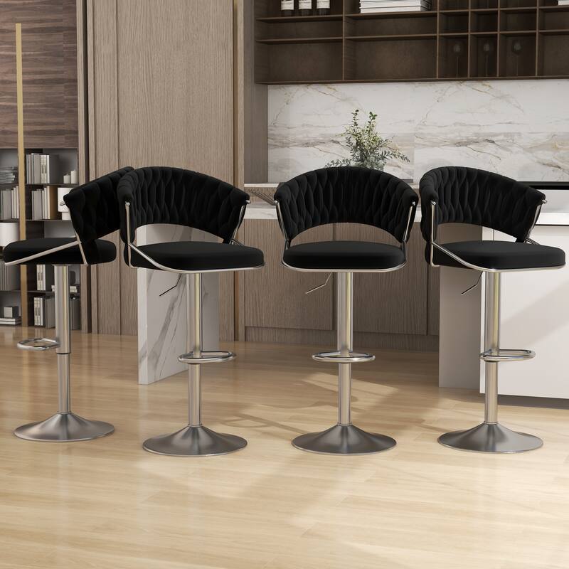 Set of 4 Modern Velvet Adjustable Bar Stools with Backs - Set of 4 - Black Silver