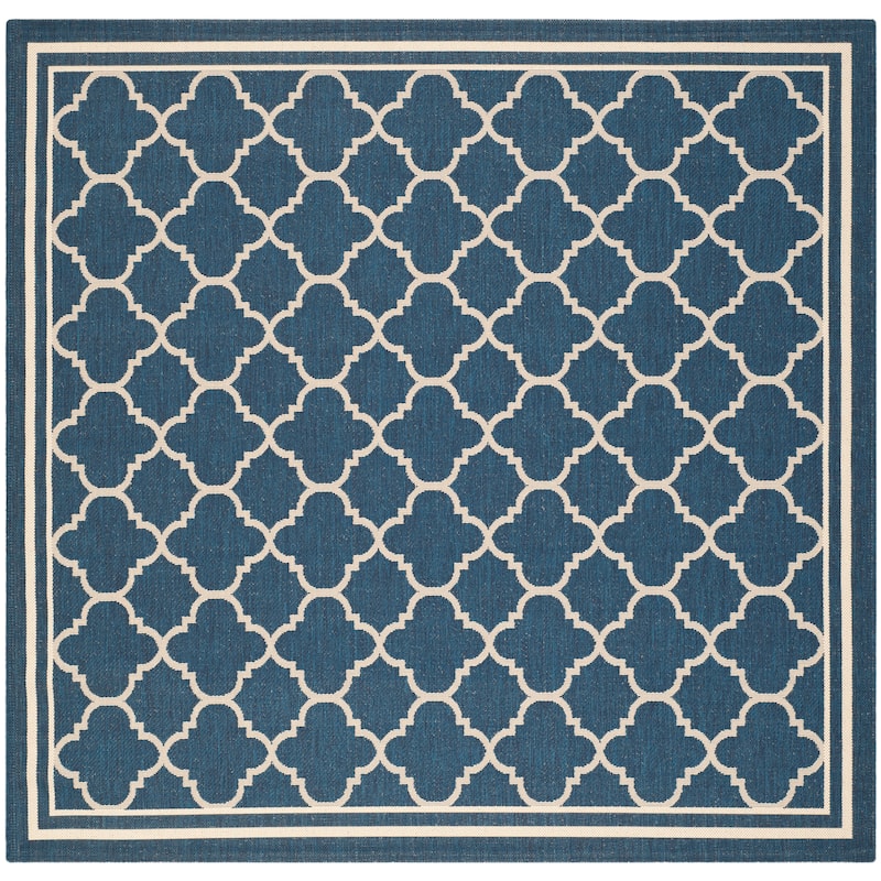 SAFAVIEH Courtyard Kristelle Indoor/ Outdoor Waterproof Patio Backyard Rug - 5'3" Square - Navy/Beige