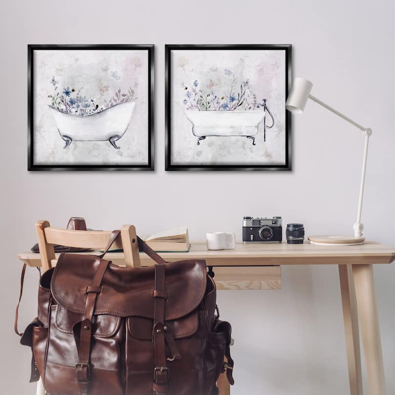 Stupell Antique Tubs with Botanics Framed Floater Canvas Wall Art Design By Stella Chang (Set of 2)