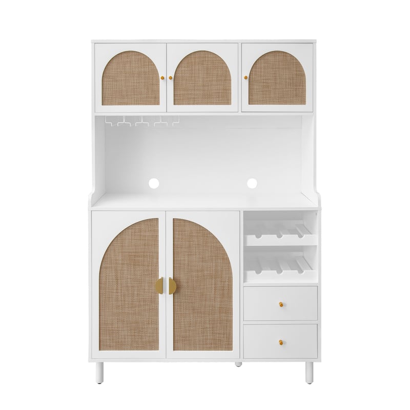 Roomfitters Accent Storage Cabinet with Rattan Doors, Buffet Sideboard with Wine Rack and Drawers, White