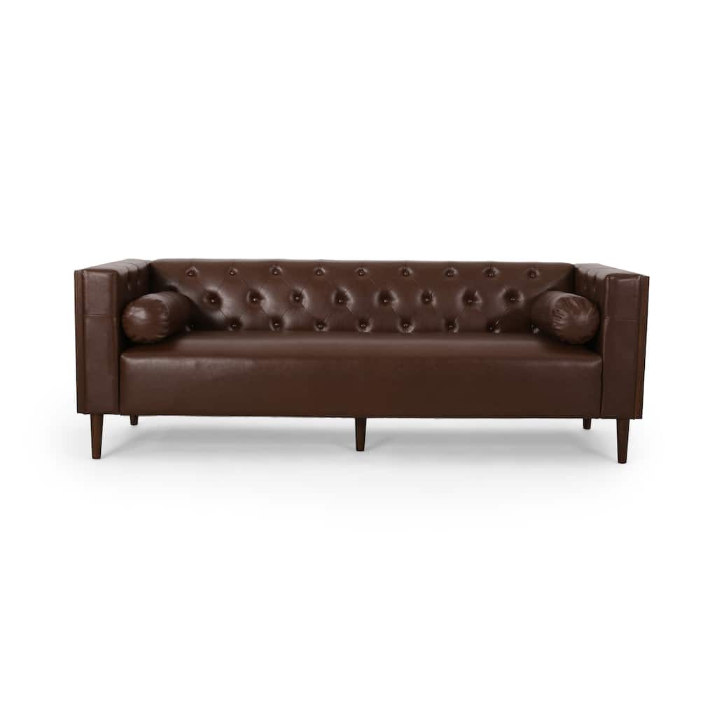 Dark Brown Faux Leather Button Tufted 3-seater Sofa with Birch Wood Legs