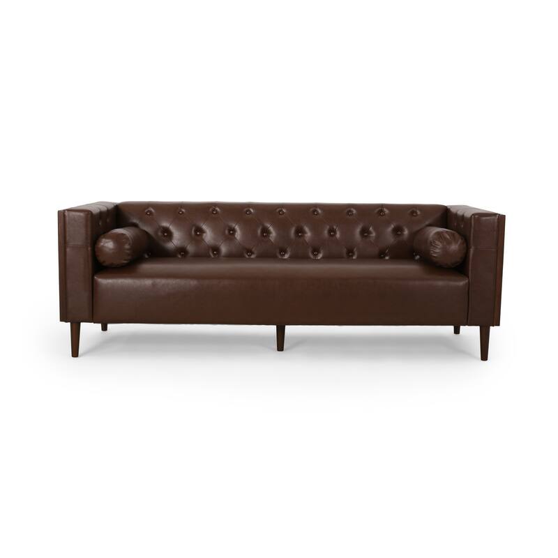 Dark Brown Faux Leather Button Tufted 3-seater Sofa with Birch Wood Legs - Dark Brown