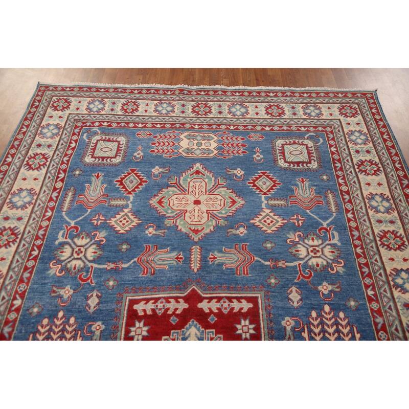 Geometric Kazak Area Rug Hand-Knotted Blue Wool Carpet - 6'7" x 9'8"