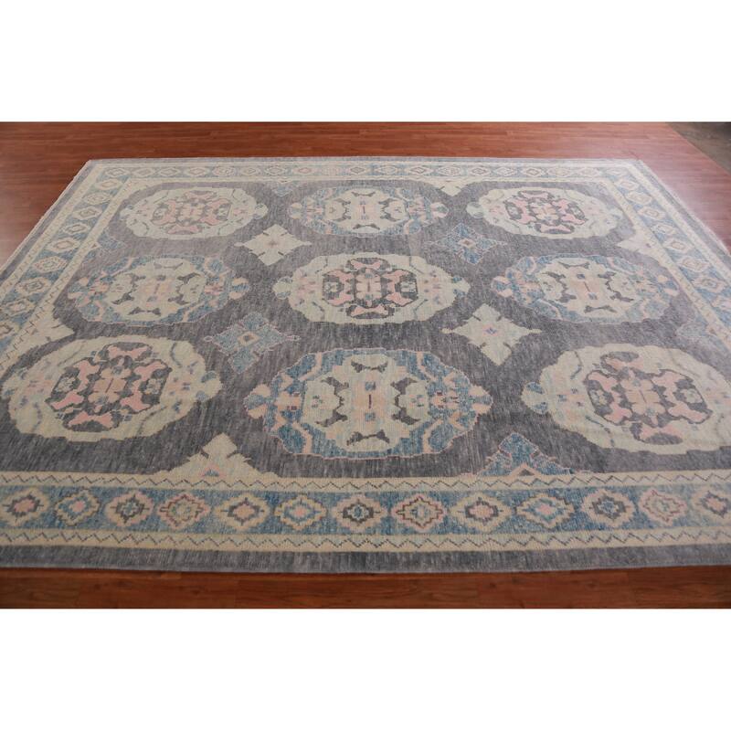 Hand Knotted Oriental 100% Wool Carpet Transitional Geometric Greys & Charcoal Oushak Area Rug - 11' 1'' X 8' 2''