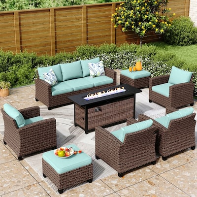 7/9-Seat Patio Furniture Wicker Rattan Outdoor High-back Sectional Sofa Conversation Set with Firepit Table