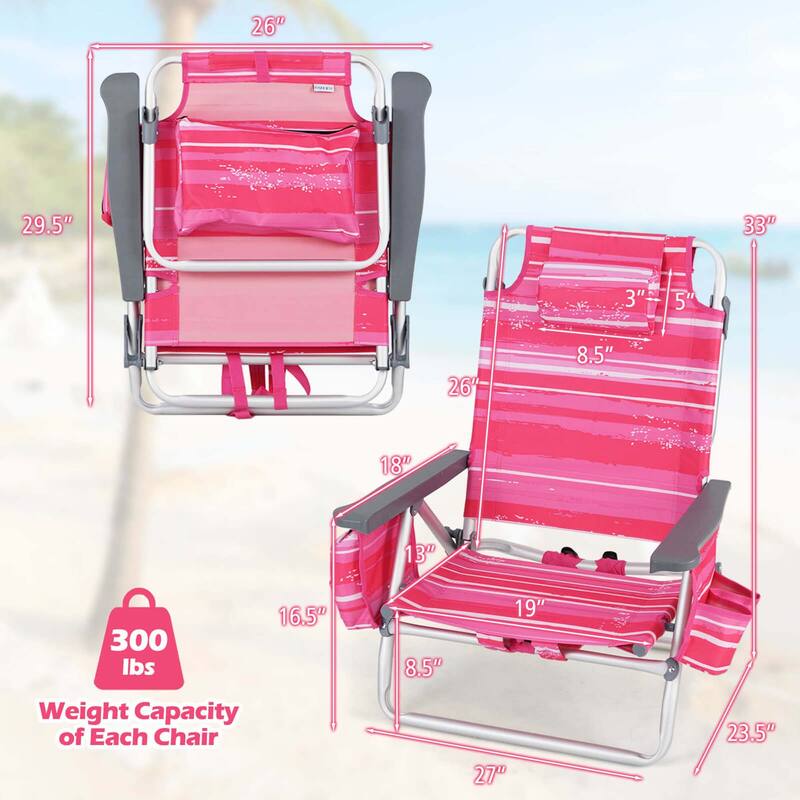 Set of 2 Backpack Beach Chair 5-Position Lay Flat Beach Chairs
