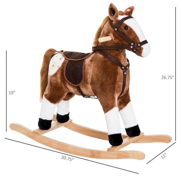 dimension image slide 2 of 3, Kids Plush Rocking Horse with Authentic Neigh Sounds, Saddle, and Stirrup for 3-8 Years Old - Comfortable Velvet Fabric