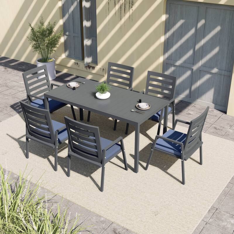 Chelsea 7-Piece Aluminum Outdoor Dining Set 78 in. Rectangular Table and 6 Dining Armchair w/ Cushions - N/A