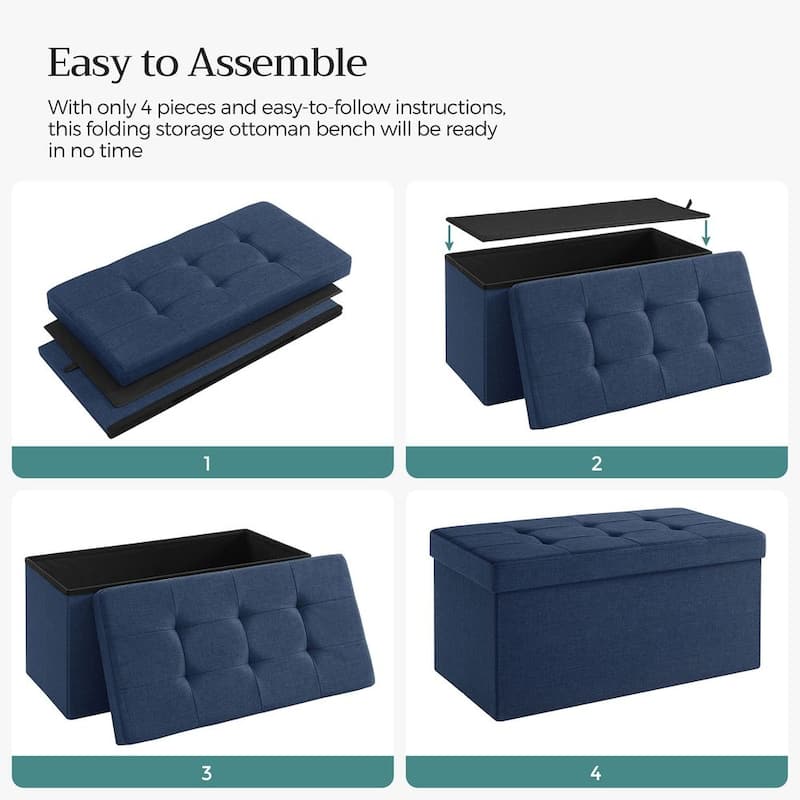 Dark Blue Faux Leather Padded 30-Inch Folding Storage Ottoman Bench with Lid