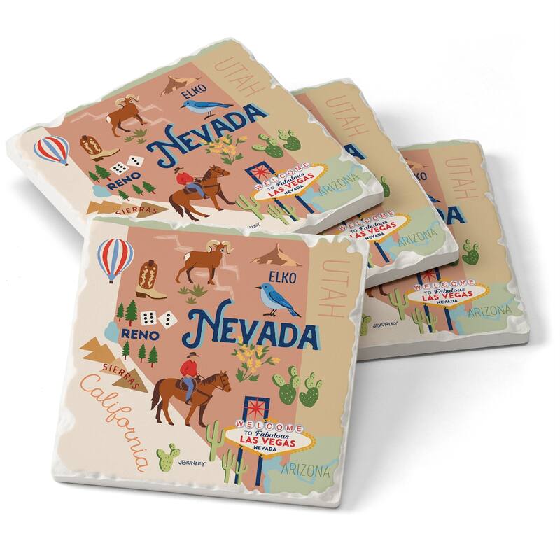 Absorbent Stone Beverage Coasters - Set of 4 - - State Attractions - NV - Multi-53