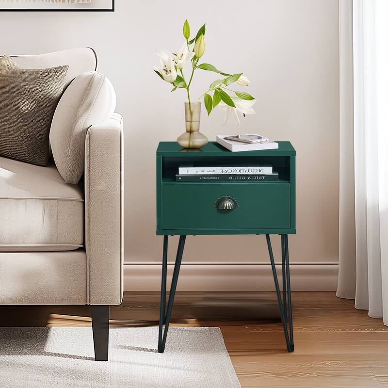 VECELO Mid Century Modern Nightstand with Drawer Open Shelf V-Shaped Metal Legs End Table for Bedroom Living Room