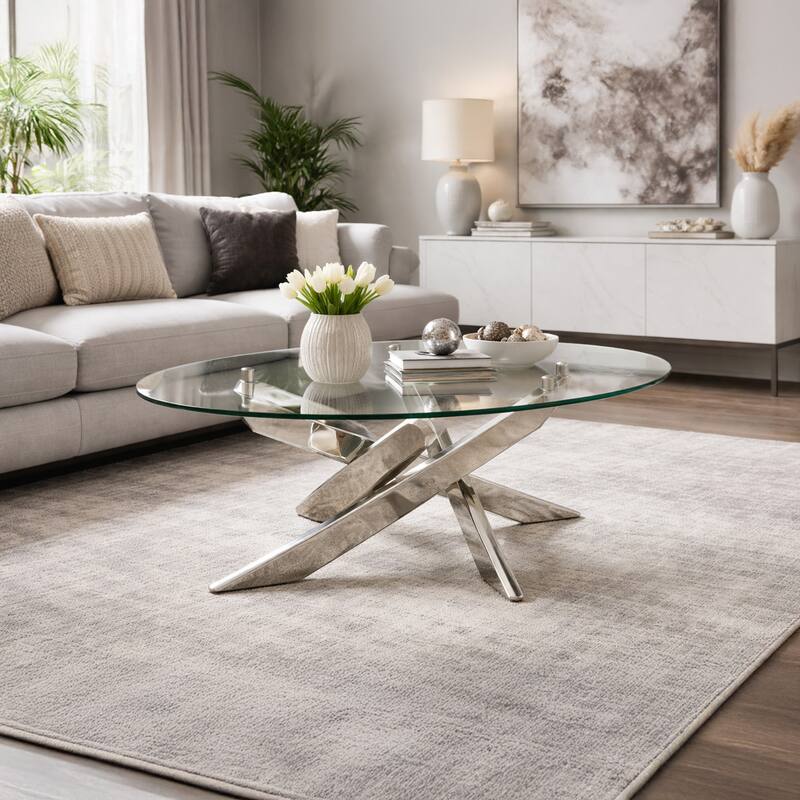 Oval Shape Glass Top Coffee Table with Criss Cross Base, Silver and Clear