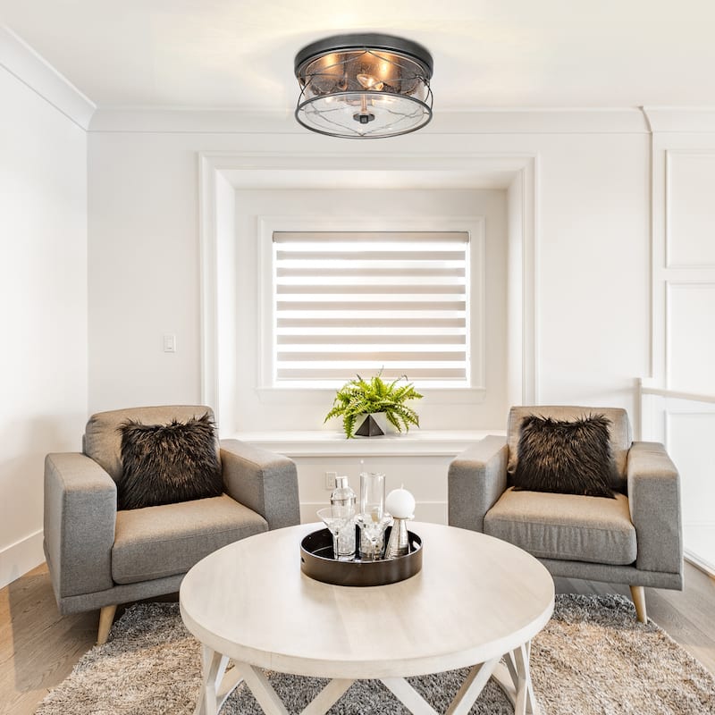 Modern 3-Light Black Silver Drum Flush Mount Light Seeded Glass Ceiling Lights for Foyer - D 13.5" x H 6"