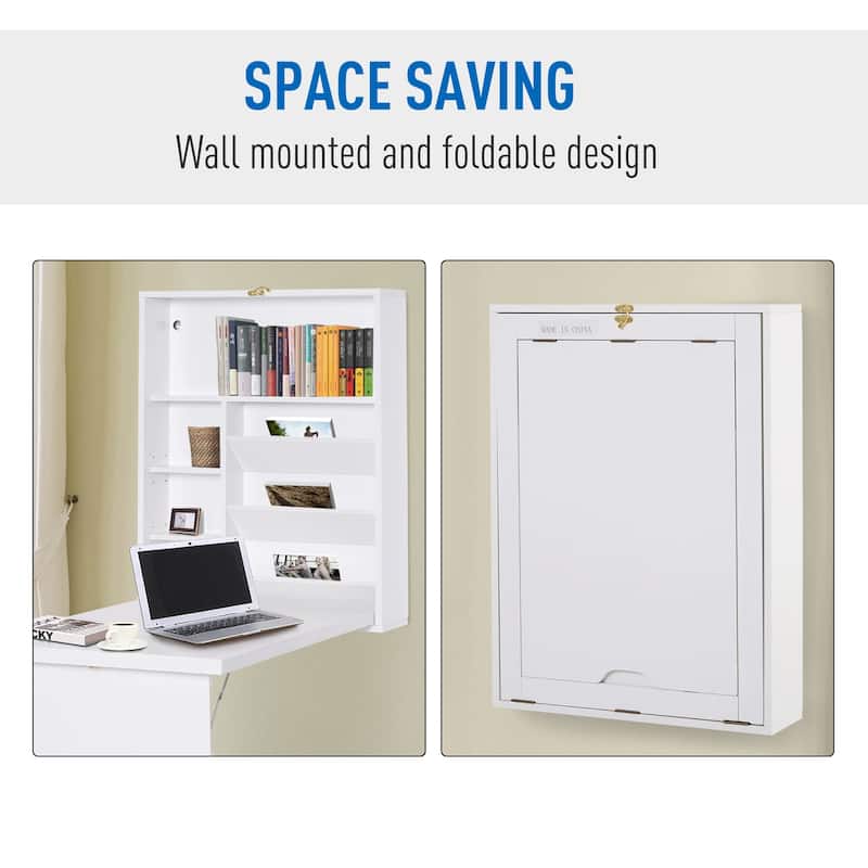 HOMCOM Compact Fold Out Wall Mounted Convertible Desk With Storage, White
