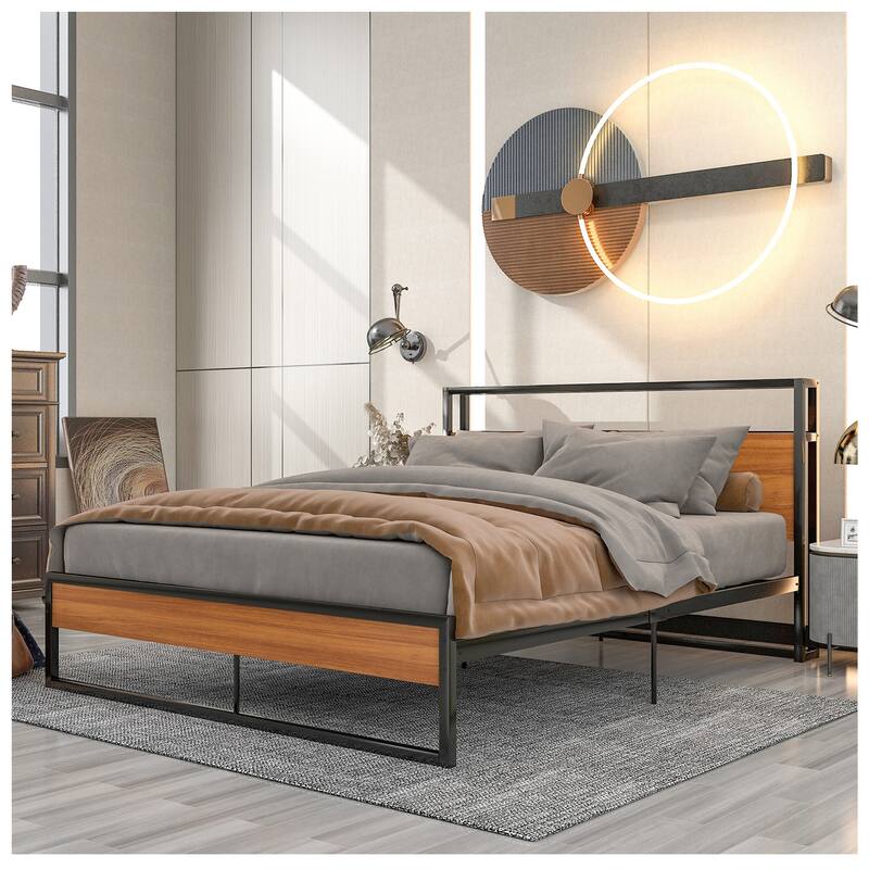 Metal Bed Frame Queen Size - Metal Bed Frame Full w/ USB - Black