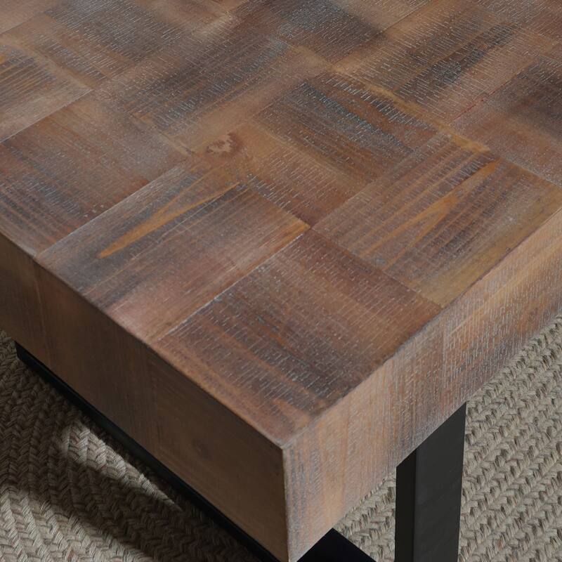 Roomfitters Industrial Coffee Table with Parquet Top, 47" Rectangular Center Table, Wood & Metal Frame, Rustic Brown