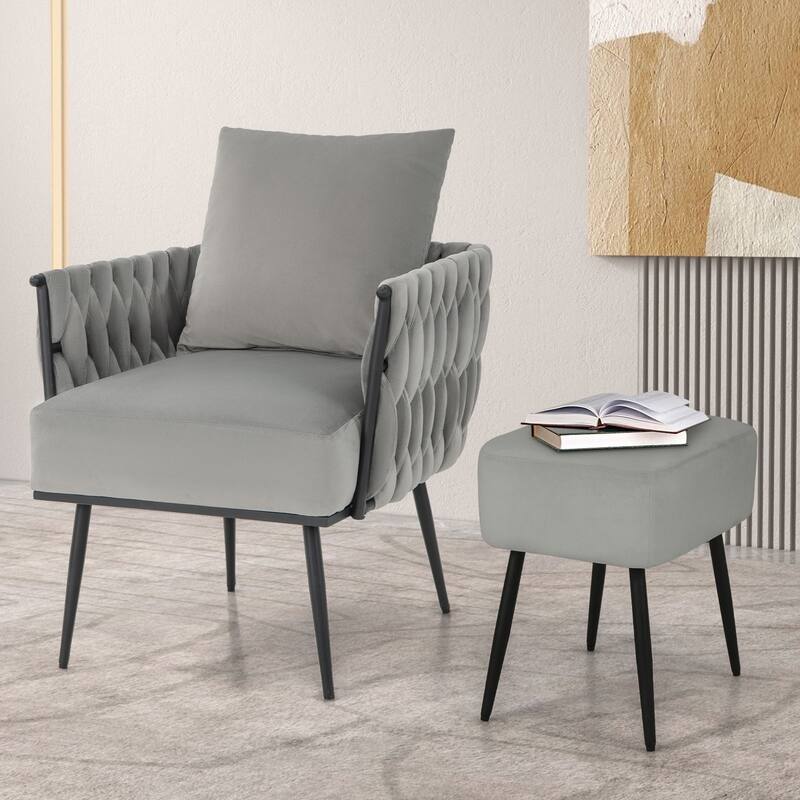 Dutch Velvet Accent Chair with Ottoman and Pillow on Black Metal Frame - 26” x 25.5” x 32”