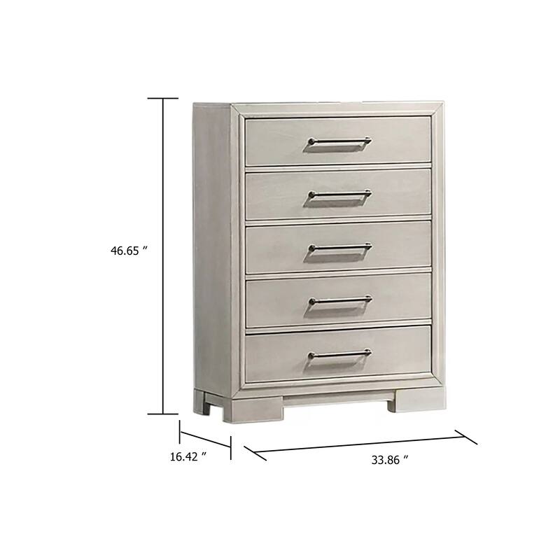 Simone Tall Dresser Chest, 5 Drawers, Antique White Wood Finish